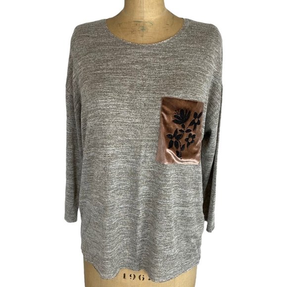3/$30 Zara Grey Velvet Embroidered Pocket 3/4 Sleeve Top Size XL - Picture 1 of 11